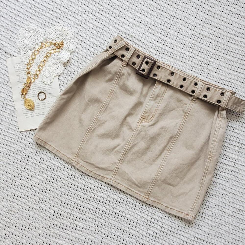 Sincerely jules tan buckle denim skirt